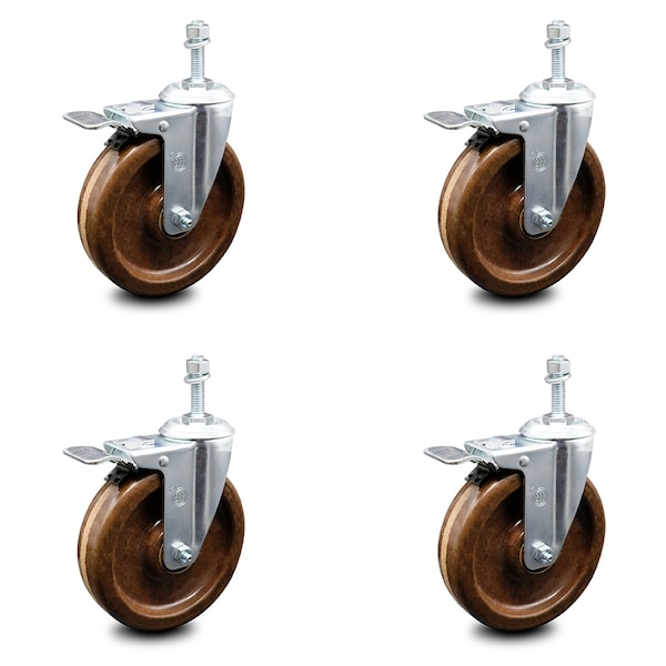 5 Inch High Temp Phenolic Swivel 12mm Stem Caster Set with Total Lock Brake